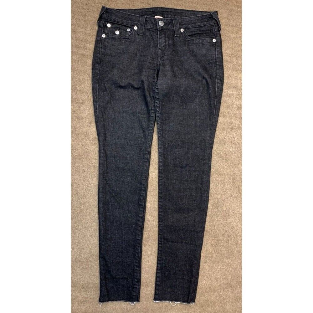 True Religion Black Skinny Jeans Womens 31 Flap Pocket Raw Hem USA Dark Denim
